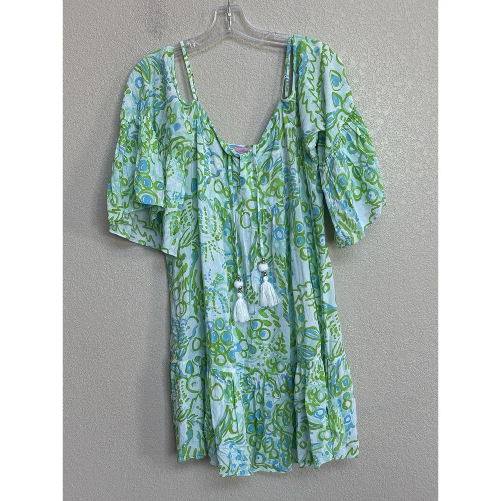 Lilly Pulitzer Green Blue Print Tassel Tie Mini Dress Medium Boho Resort - Picture 2 of 10